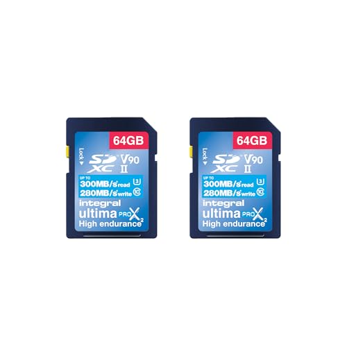 Integral 64GB Pack de 2 Tarjeta SD UHS II V90 hasta 300MB/s de Lectura y 280MB/s de Escritura 1866X SDHC Tarjeta de Memoria Profesional de Alta Velocidad