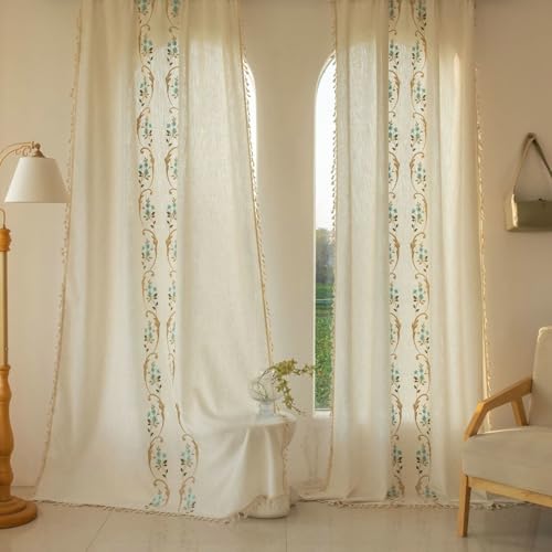 Stfery Tende con occhielli per soggiorno, semitrasparenti, beige, blu, 2