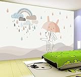 VRPRIME Papier Peint Dessin Animé Lapin Parapluie Goutte De Pluie Nuage Fond Mur Décoration De La Maison Murale 3d Papier Peint,3D,150x105cm