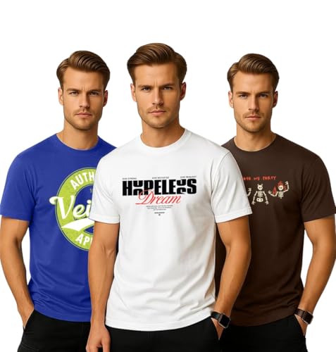 Image of Veirdo Pure Cotton Regular Fit AestheticGraphic Printed Round Neck Half Sleeve T-Shirt Pack for Men (Combo of 3) (Green,Red,Swanwhite,Black,Navy Blue,White,Brown,Royal Blue)