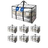 NEWSONA Lot de 6 Sacs de Rangement Vêtements 88L, Sacs de Déménagement XXL en PVC Renforcé 135 g/m², Transparent, Poignées Renforcées, Double Fermeture éclair Métal, Pliables