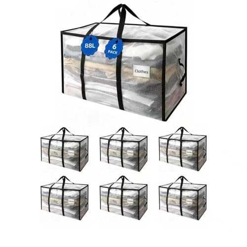NEWSONA Lot de 6 Sacs de Rangement Vêtements 88L, Sacs de Déménagement XXL en PVC Renforcé 135 g/m², Transparent, Poignées Renforcées, Double Fermeture éclair Métal, Pliables