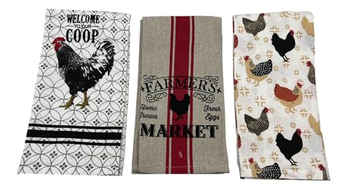 Mabelle, Rooster Printed Kitchen Towels, Set of 3 Designs, Red, Black Tan