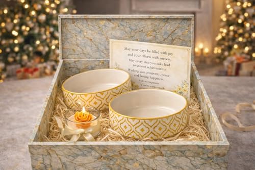 Image of Niyara Stoneware Handmade Ceramic Stylish Premium Serving Bowls /Salad Tray Microwave Dishwasher Safe (Golden Bowl with Candle and Gift Box)