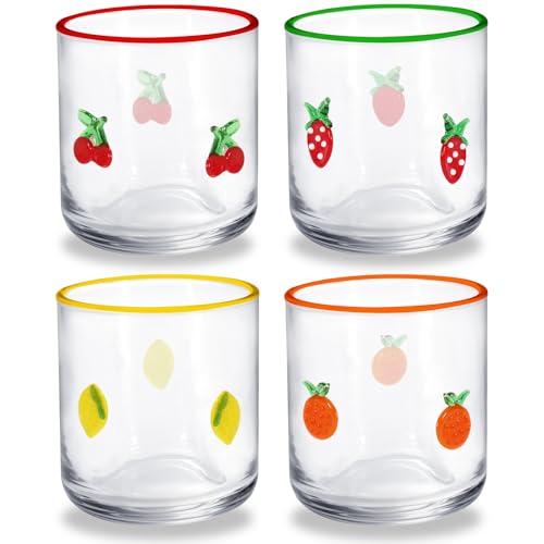 Whaline 4Pcs Fruit Icon Juice Glass 14 Oz Wine Glass Strawberry Lemon Cherry Orange Stemless Cocktail Drinking Cups for Home Party Favors Supplies