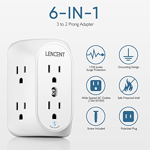 Lencent 2 Prong Power Strip, 3 To 2 Prong Grounding Outlet Adapter, Polarized Plug, Surge Protector, 3-Sided 6 Outlet Widely Spaced Extender, Mountable Wall Tap For Non-Grounded Outlets #TOP1