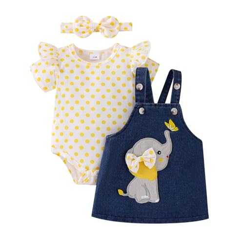 Image of ODIMAME Baby Girl Clothes Suspender Skirt Newborn Ruffled Romper + Elephant Jeans Dress + Headband Summer Outfits 0-18 Months