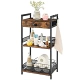 FAVOOSTY Bathroom Ladder Shelf, 3-Tier Bathroom Floor Storage Shelf with Drawer, Freestanding Towel Shelf, Bookcase End Table Open Shelving Unit for Living Room,Balcony, Rustic Brown