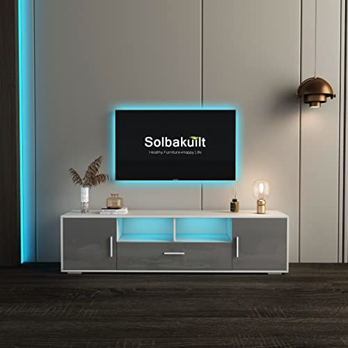 Solbakuilt Modern White And Grey Tv Stand For 55+/65+/70/75 Inch Tv, Quick Installation Of The Entertainment Center, Media Gaming Console, Led Light Tv Table With Storage For Bedroom & Living Room #TOP1