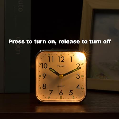 Tinload Small Battery Operated Analog Travel Alarm Clock Silent Non Ticking,Gentle Wake, Ascending Beep Sounds, Snooze,Lighted on Demand,Easy Set (Silver)