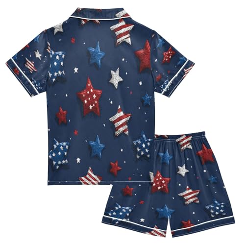 Satin Pajama Sets Short Sleeve Patriotic White and Blue Stars Button Down Silky Nightwear 2 Piece PJS 5-14Y2