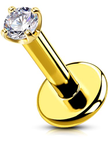 OUFER Helix Piercing Jewelry, 14K Solid Gold 16G Lip Rings Push in, Clear Tiny CZ 1.5MM Cartilage Earrings Flat Back, Gold Labret Cartilage Tragus Piercing Jewelry for Women Men-6MM