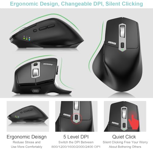 Arteck Multi-Device Wireless Bluetooth Mouse with Nano USB-A, USB-C Receiver Ergonomic Right Hand Silent Clicking Rechargeable Mouse for Computer Desktop PC Laptop Mac iPad and Windows 11/10 iPad OS by Arteck - Image 3