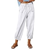 Akivide Women's High Waist Drawstring Cotton Linen Pants with 2 Pockets Straight Wide Leg Capri Crop
