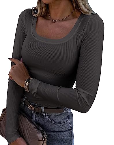Image of Roselux Womens Long Sleeve Scoop Neck Ribbed Knit Fitted Casual Tops Tee Slim Basic Shirts