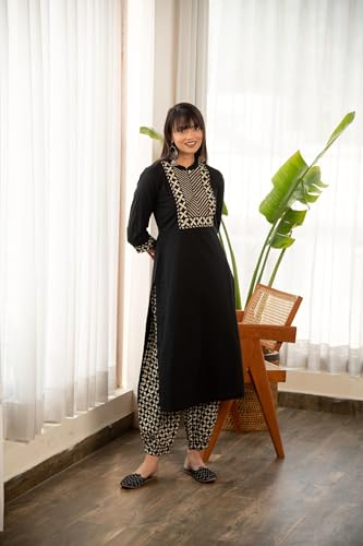 Image of Yashika Women's 3 /4 Sleeve Solid Black Color Kurti Pant Set, Cotton Blend, Knee Length, Stylish Ethnic Outfit for Daily Wear, Office, and Casual Occasions