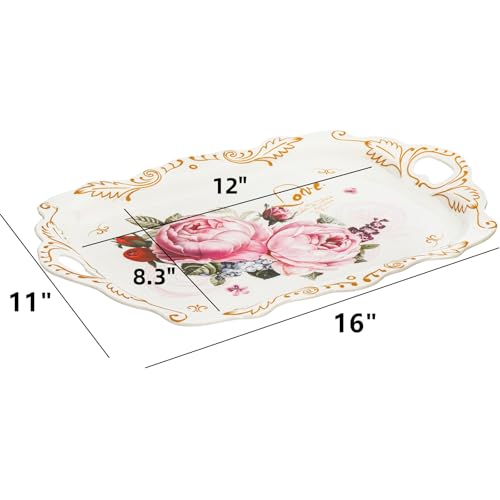 DEAYOU 3-Pack Melamine Serving Tray, Stackable Food Tray with Handles for Eating, Unbreakable Large Serving Platter with Floral Print for Gift, Party, Decor, Home, Restaurant, 16"L x 11"W, Rectangle by DEAYOU - Image 2