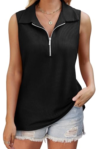 XIEERDUO Womens Summer Tops V Neck Collared Shirts Dressy Casual Ribbed Tank Top with Zipper Loose Fit3
