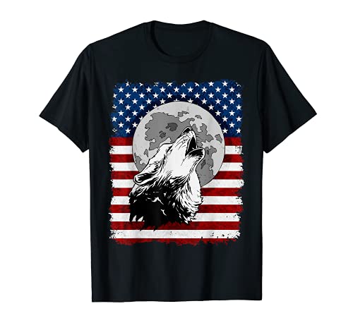 Howling Wolf at Moon on American Flag