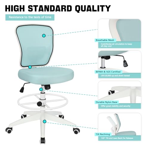 Image of HYLONE Drafting Chair Adjustable Height Tall Office Chairs Standing Desk Chair Rolling Stool Chair Armless Office Drafting Chair Blue