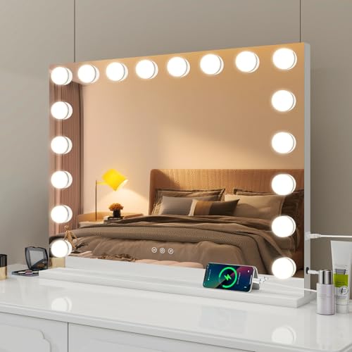 YOURLITE Miroir Maquillage Hollywood 80x62 cm,18 Ampoules LEDMiroir Coiffeuse Luminosité Variable avec Port USB, Contrôle Tactile avec Loupe Grossissante, pour...