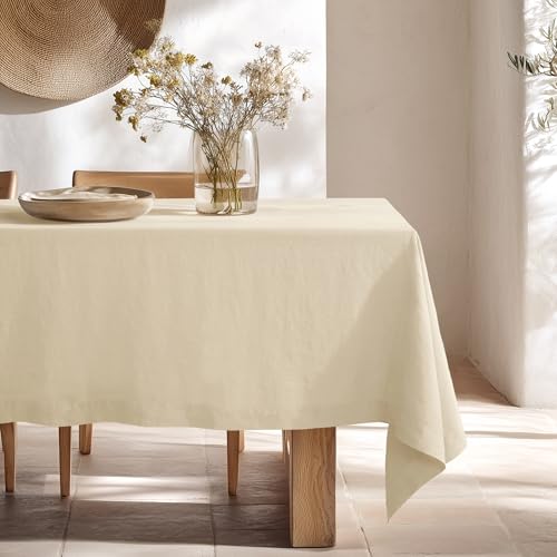 Linen World Linen Tablecloth - 100% French Linen Table Cloth 55" x 55" Inch,Washable Square Tablecloth for Dining,Outdoor,Weddings and Restaurants,Decorative Thanksgiving Christmas,Sand Beige