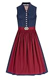Midi Dirndl 65 cm blau rot Marie 010073, hochgeschlossen mit Streublumenmuster, V-Ausschnitt, floral verzierte Schürzenschließe 36