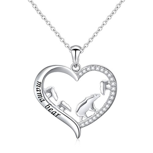 DAOCHONG Mother and Child S925 Sterling Silver Mama Bear with Cub Heart Pendant