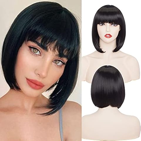 S-noilite Short Bob Wigs for Women Heat Resist 12" Straight Synthetic Wig with Bangs Black Cosplay Party Bob Cut Hair Wigs Fancy Dress Halloween Cover
