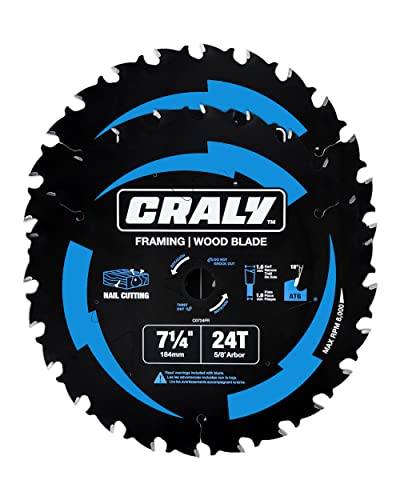 Craly 7-1/4 Inch 24 Teeth Wood Cutting Framing Circular Saw Blade, 5/8 Inch Arbor, Thin Kerf, Black Ice Coating, Diamond Knockout, Professional Carbide Tipped Blade For Plywood, Mdf, Osb, Laminated, 2-Pack(C0724Fr-2) #TOP2