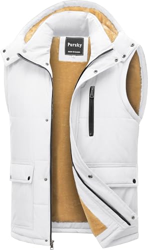 Pursky Mens Fleece Lined Lightweight Puffer Vest Men's Quilted Winter Vests Thicken Sleeveless Jacket Outerwear with Hood White M