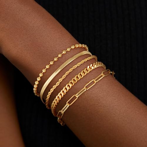 Gold Bracelets for Women, 14K Gold Plated Stackable Bracelets Dainty Paperclip Rope Cuban Figaro Snake Box Link Chain Bracelets Pack Gold Jewelry for Women4