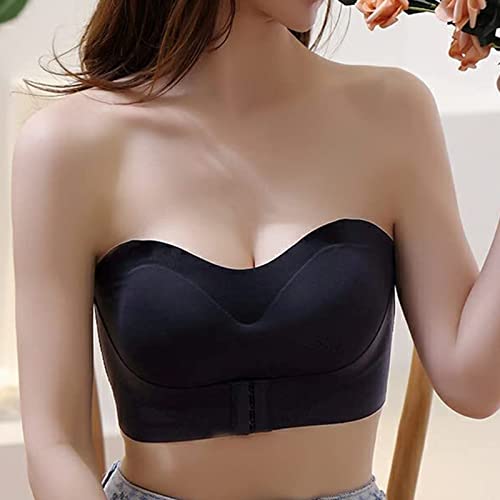 Women Lingerie Strapless Front Buckle Lift Bra Wire Free Slip Invisible Push Up Bandeau Bra Boobs Tape (Black, L) #TOP4