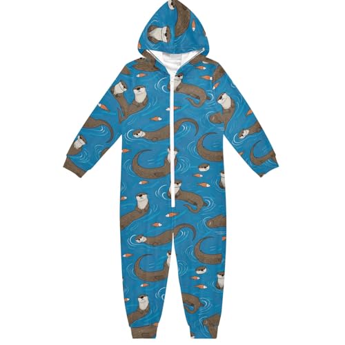 Pijama de una sola pieza con diseño de pez, color azul, para Navidad, Halloween, ropa de dormir, Cute Otters Fish Blue, 9-11 años