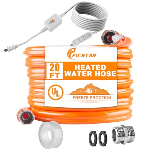 Ficstar 20FT Heated Water Hose for RV, Heated Drinking Water Hose Antifreeze to -45°F, Water Heater Thermostat with Self-regulating Function, 5/8' I.D. with 3/4' GHT Adapter, Lead and BPA Free,No Odor