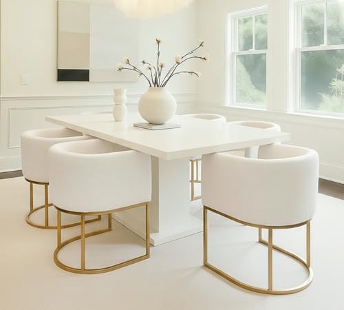 Image of HNY Mid Century Modern Upholstered Barrel Dining Chairs with Arms Set of 3, Velvet Kitchen & Dining Room Chairs, 18.5 inch Wide Accent Chairs for Dining Room Living Room with Gold Metal Frame, Cream