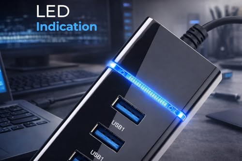 Image of 4 Port USB 3.0 Hub with Hi-Speed Data Transfer, LED Indication, 15cm Cable, Backward Compatible, Multi Device Connection, Plug Play Usage, Glossy Finish and Lightweight Design