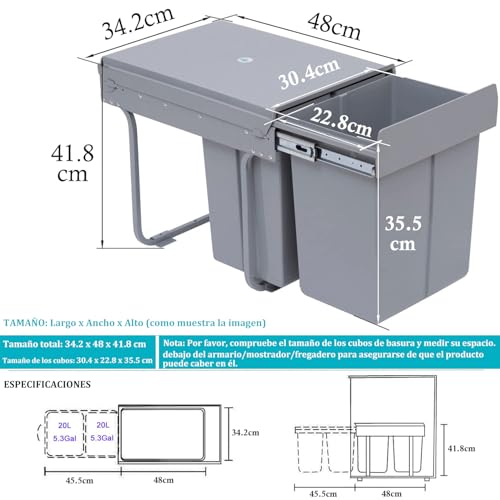 Image of jxgzyy Pull Out Kitchen Waste Bin Under Cabinet 20L+20L Double Sliding Trash Can with Lid and Handle Large Capacity Recycling Trash Container Bin Gray for Home Kitchen
