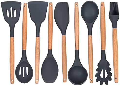 ONMIER Kitchen Cooking Utensils Set, 9 pcs Non-stick Silicone Cooking Kitchen Utensils Spoon Spatula Set,BPA Free Wooden Handle Silicone Kitchen Gadgets Utensil Set (Grey)
