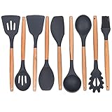 Silicone Cooking Utensils Set, Kitchen Utensil Set of 9 Packs Wooden Cooking Utensils, Rubber Spatula Spoon Set Tools for Cooking, Hand Wash, Grey