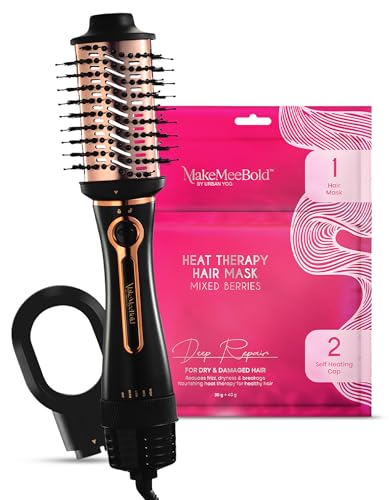 Image of Urban Yog MakeMeeBold 3‑in‑1 Hot Air Brush + Heat Therapy Hair Mask Pack | Professional Blow Dry & Hair Repair Combo | Strengthen, Hydrate & Shine