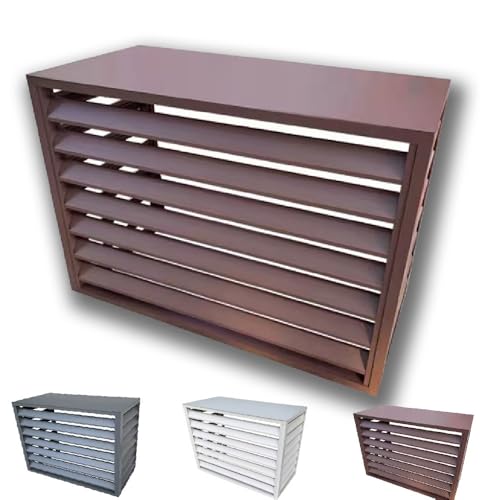 LISHEUK Cubierta de Aire Acondicionado Exterior para Bomba de Calor, Valla de Aluminio para jardín, balcón, Elegante diseño de Techo Plano marrón (1,5 p.), Resistente a la intemp