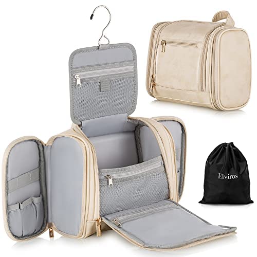 Elviros Kulturbeutel PU-Leder große mit Haken wasserdichte Reise-Kulturtasche Waschtasche Kosmetiktasche mit einem Nass-Trockenbeutel, 28 x 20 x 11 cm, Beige Cover