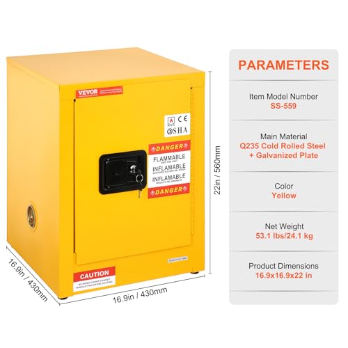 VEVOR Armário de segurança inflamável, 30 litros, aço galvanizado amarelo