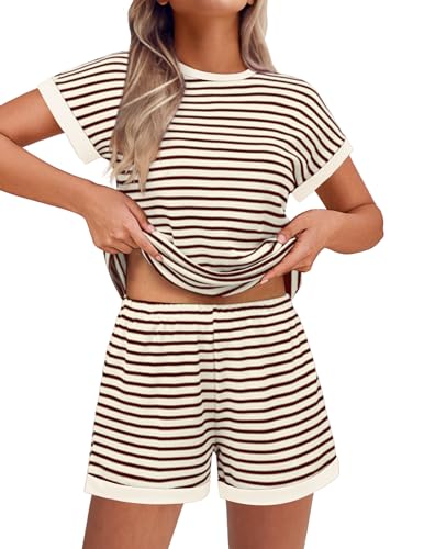 Ekouaer 2 Piece Sets for Women Summer Outfits Cute Stripe Knit T Shirts Shorts Matching Lounge Set Brown Striped XXL