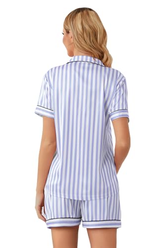 Image of Schbbbta Women Pajamas Set, 2 Pieces Satin Silk Button Down Pjs Short Sleeve Outfits Loungewear
