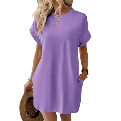 Womens Summer Dress Casual Short Sleeve Crewneck Loose Fit Mini Dresses with Pockets Solid Color Fashion Clothing S-2XL
