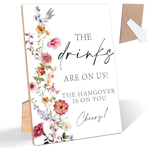 Wedding Signage for Reception, Flower Theme Drinks Sign, Wooden Bridal...