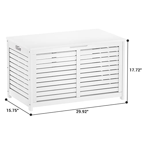 Homykic Bamboo Storage Chest, 30” Lightweight Toy Chest Storage Box With Strong Safety Hinge, Flip-Top Wood Shoe Bench Organizer For Entryway, Playroom, Living Room, Bedroom, Support 330 Lbs, White #TOP2