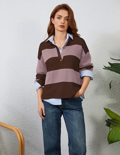 Image of Womens Striped Sweater Rugby Polo Shirts Y2k Collar Pullover Tops | Rugby Shirt,Long Sleeve Knit Top,Lapel V Neck Jumper,Oversized,Casual Outings Streetwear,Preppy Sweater,Fall Winter Clothes
